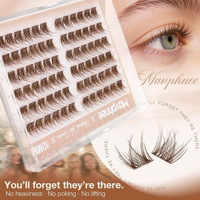 10MM Brown Lash Clusters Wispy Eyelash Extensions with Flexible Clear Band & C Curl, Reusable Natural Cluster Lash Extensions for Everyday Natural & Clean Girl Look