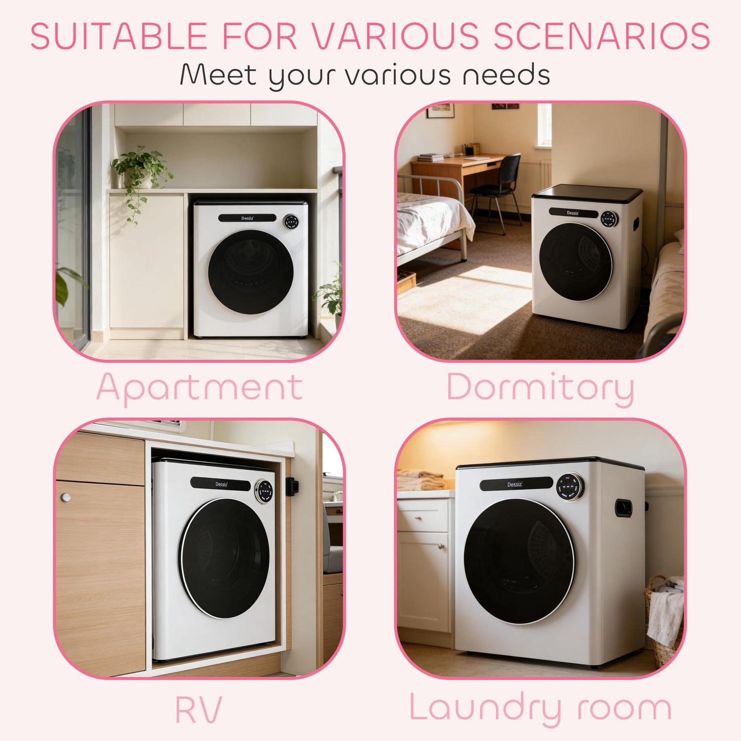 Dessiz 110V Clothes Dryers 950W Compact Dryer 1.6cu.ft Front Load Stainless Steel 11lbs Electric Dryers Machine with Exhaust pipe for Apartment,RVs,Dorms,Auto Stop and Easy Control