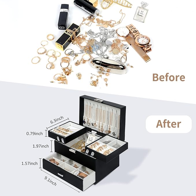 Dajasan Jewelry Organizer Box, Large Jewelry Boxes for Women Girls, Space-Saving 3 Layers Jewelry Storage Case with Drawer, Movable Metal Stand, Modern, Gift Idea (Black)