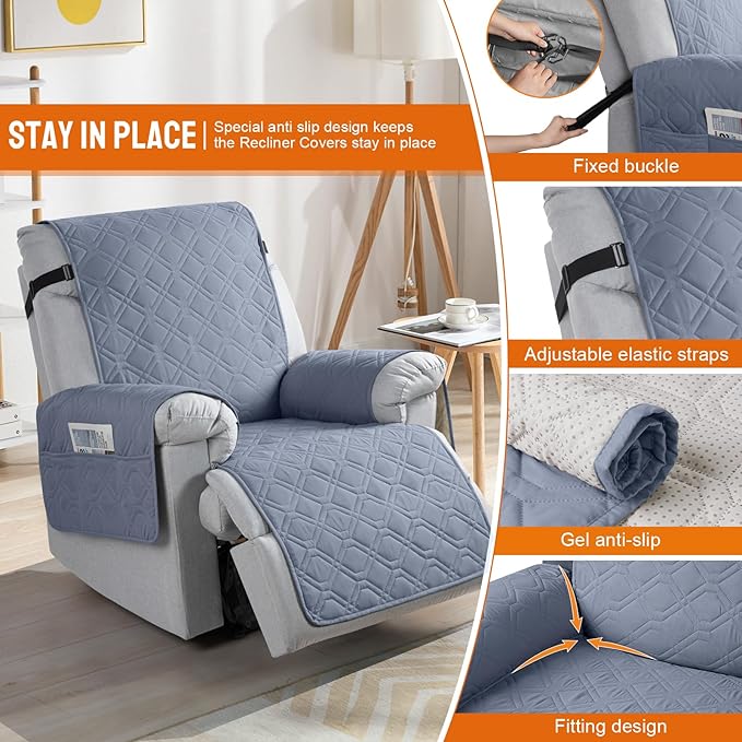 VANSOFY 100% Waterproof Recliner Chair Covers, Recliner Cover Non-Slip Dog Chair Cover Furniture Protector Washable Slipcover with Pocket, Elastic Straps for Pets, Dogs(Slate Gray, 30")