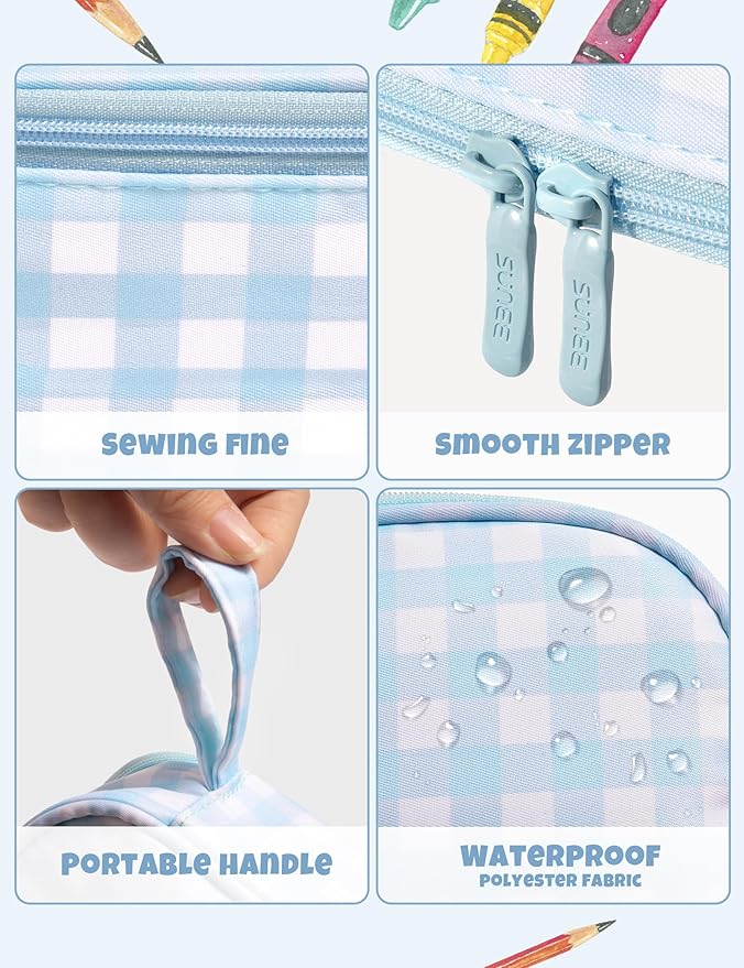 SUNEE Cute Pencil Case, Aesthetic Pen Pouch, Colored Large Pencil Bag with Zipper, Kawaii Stationery Storage and Organizer, School Supplies for Teen and Adult Girls, Blue Checkered