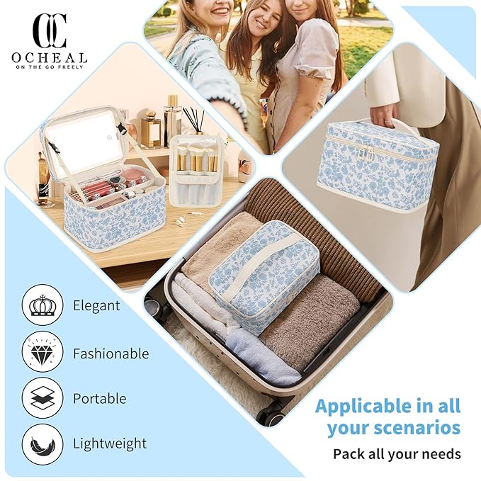OCHEAL Makeup Bag With LED Mirror, Travel Makeup Bag With 3 Color Setting Light Up Mirror Cosmetic Organizer Vanity Case for Women Beauty Tools Accessories Rechargeable Makeup Travel Bag-Black