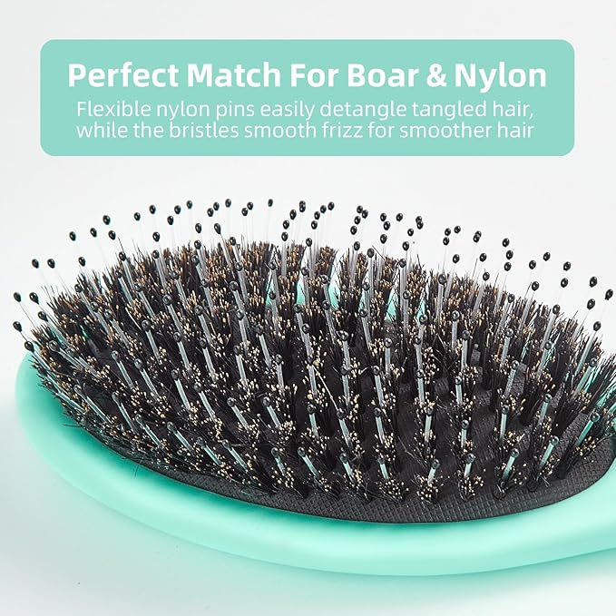 Boar Bristles Hair Brush for Women and Men, Detangling Hair Brush for Smoothing Massage Add Shine, Nylon&Boar Bristles Detangler brush for Hair Healthy (1 Pack-MintGreen)