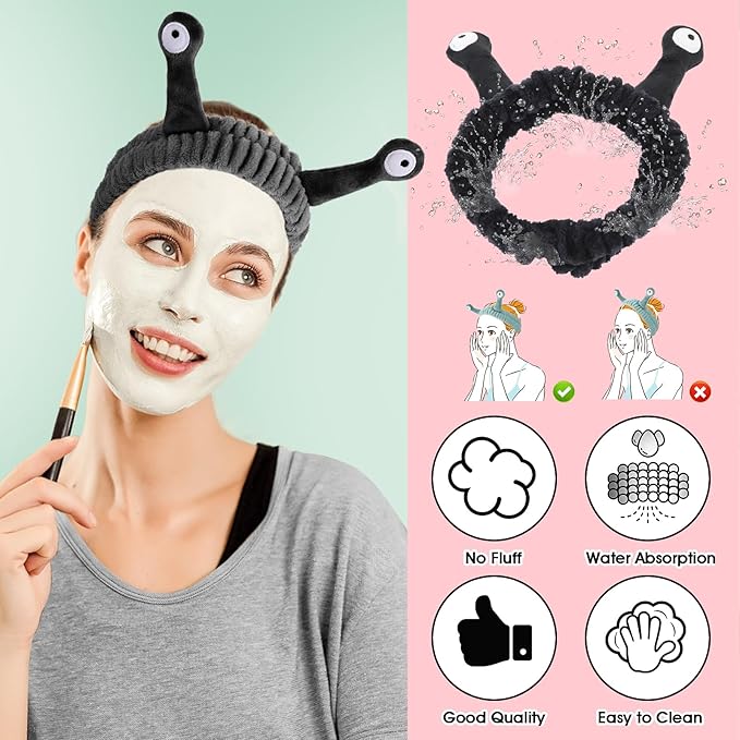 Spa Headband Facial Makeup Head Band Microfiber Soft Coral Fleece Head Wraps Snail Cartoon Cute Hair Accessories Elastic Skincare Hair Band for Women Girls Washing Face Beauty (Black)