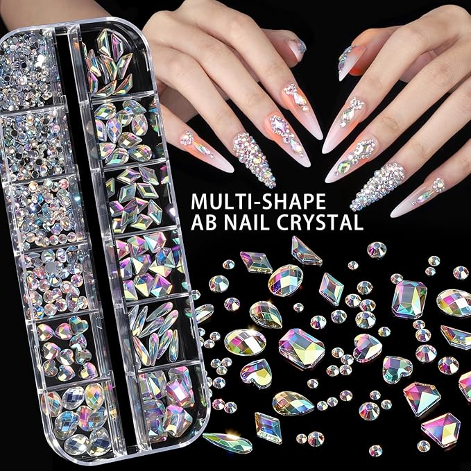 Teenitor 4 Boxes Nail Charms and Gems Set, Nail Rhinestones Nail Kit with Nail Art Brushes Nail Stand, Nail Gems Nail Design Tools with 15pcs Nail Stickers, Gold Nail Pearls for Women Nail Decorations