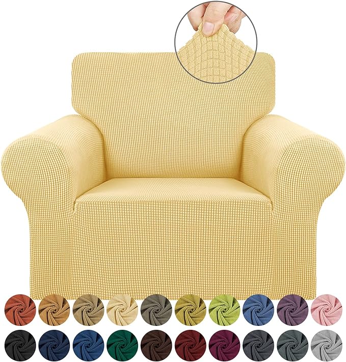 KEKUOU Stretch Single Sofa Slipcover 1 Piece Couch Sofa Cover (31"-55") Furniture Protector 1 Seater Sofa with Elastic Bottom for Kids,Pet.Jacquard Small Checked Pattern Fabric(Small,Champagne)