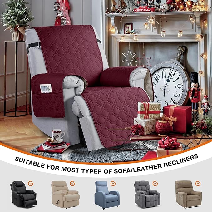 VANSOFY 100% Waterproof Recliner Chair Covers, Recliner Cover Non-Slip Dog Chair Cover Furniture Protector Washable Slipcover with Pocket, Elastic Straps for Pets, Dogs(Burgundy, 30")