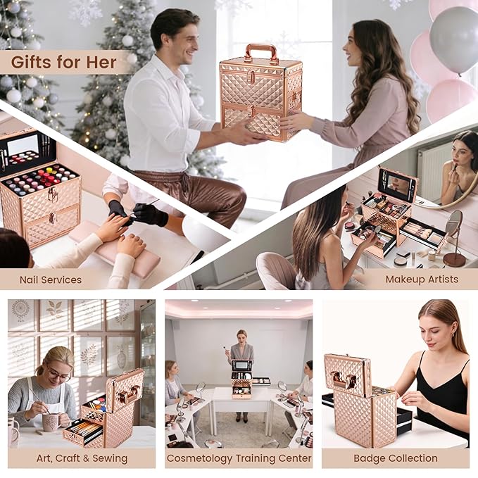 Makeup Train Case Professional Makeup Organizer Case with Drawer Mirror Extra Large Makeup Manicure Accessory with Dividers Travel Cosmetic Case for Cosmetologist Nail Tech Kits Makeup Case Rose Gold