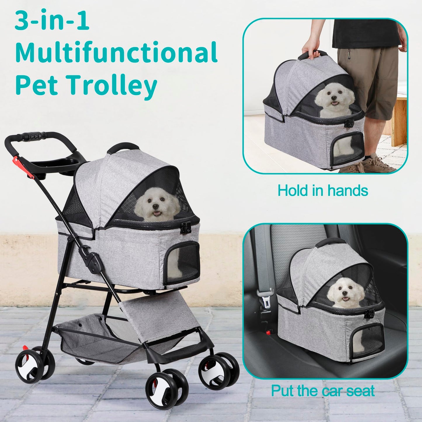 Epetlover 4 Wheels Dog Stroller with Detachable Carrier Folding Pet Strolling Cart for Small Medium Cats Puppies with Storage Basket Cup Holder, Gray