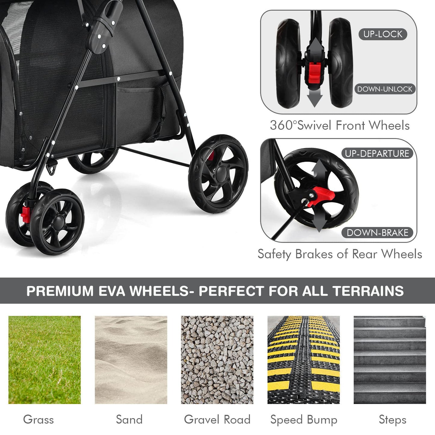 Giantex Double Pet Stroller with 2 Detachable Carrier Bags, Safety Belt, 4 Lockable Wheels, Folding Cat & Dog Stroller for Small Medium Pets, Cats Dogs Puppy Travel Strolling Cart (Black)