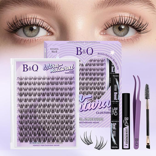 B&Q Wispy Lash Clusters Kit, Natural 06, Individual False Eyelashes Extension Set, Undetectable Natural Look for Effortless Day-to-Night Beauty, from Office Elegance to Date Night Glamour(8-16mix)