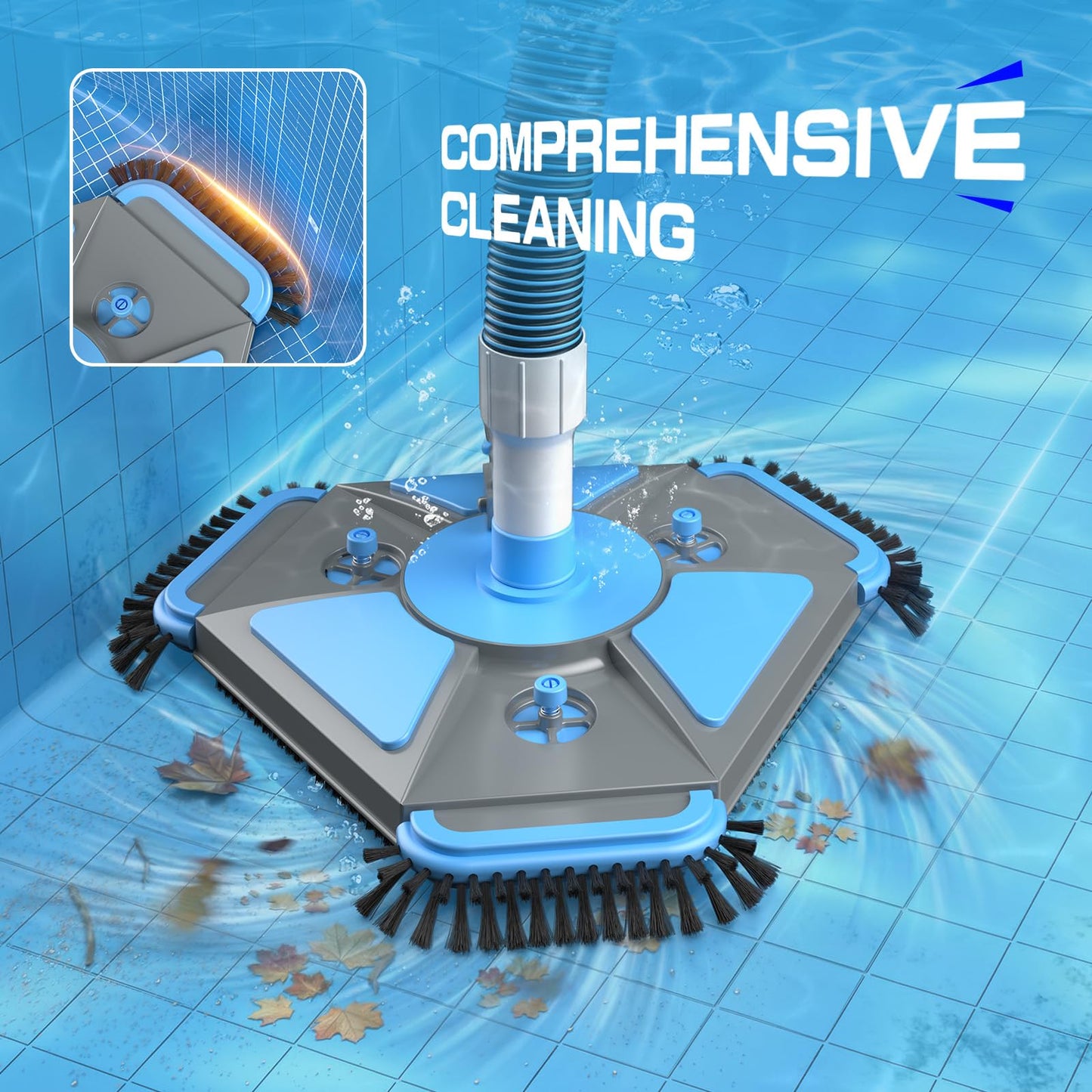 UIRWAY 4-in-1 Deluxe Swimming Pool Cleaning Kit - Includes Upgrade Triangular Pool Vacuum Head, Detachable Brush, Deep Leaf Skimmer Net, Adjustable Aluminum Pole Inground & Above Ground Pools