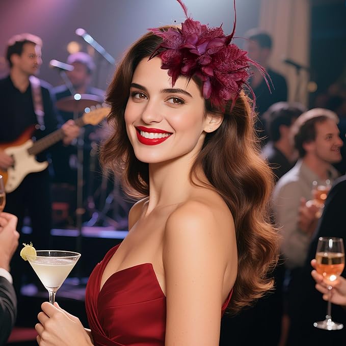 Womens Fascinators Hats Tea Party Hats for Women, Feather Pearl Veil Headband for Wedding Cocktail Dresses Accessories