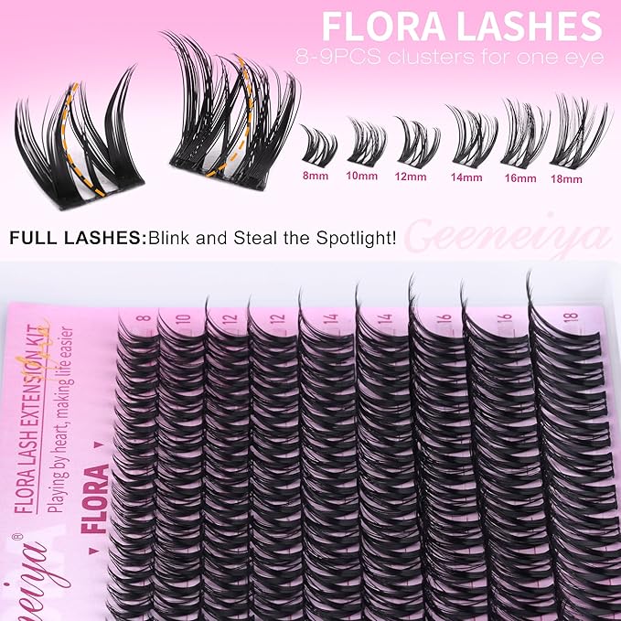 Geeneiya FLORA Lash Clusters, 8-18MM Wispy Eyelash Clusters, Natural Cluster Lashes for Beginners, Waterproof Cluster Eyelash Extensions DIY Lashes (Not Kit)