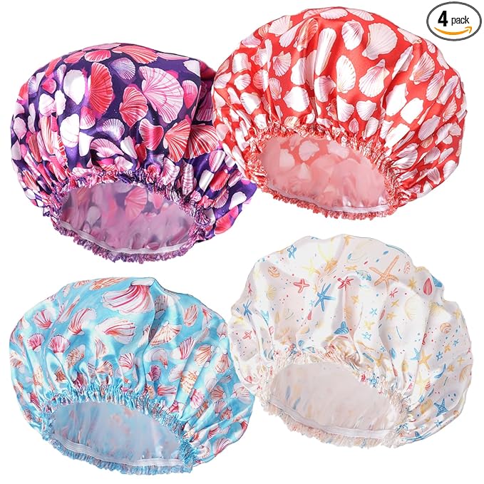 Shower Caps for Women, 4 PCS Elastic and Reusable Bath Caps, Double Layers Shower Cap Reusable Waterproof, Bathing Shower Caps, Environmental Bath Hair Protection Cap - Shell