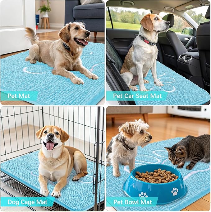 OLANLY Dog Door Mat for Muddy Paws 24x16, Paw Print Design, Absorbs Moisture and Dirt, Absorbent Non-Slip Washable Doormat, Quick Dry Chenille Mud Mat for Dogs, Entry Indoor Entryway Carpet, Blue