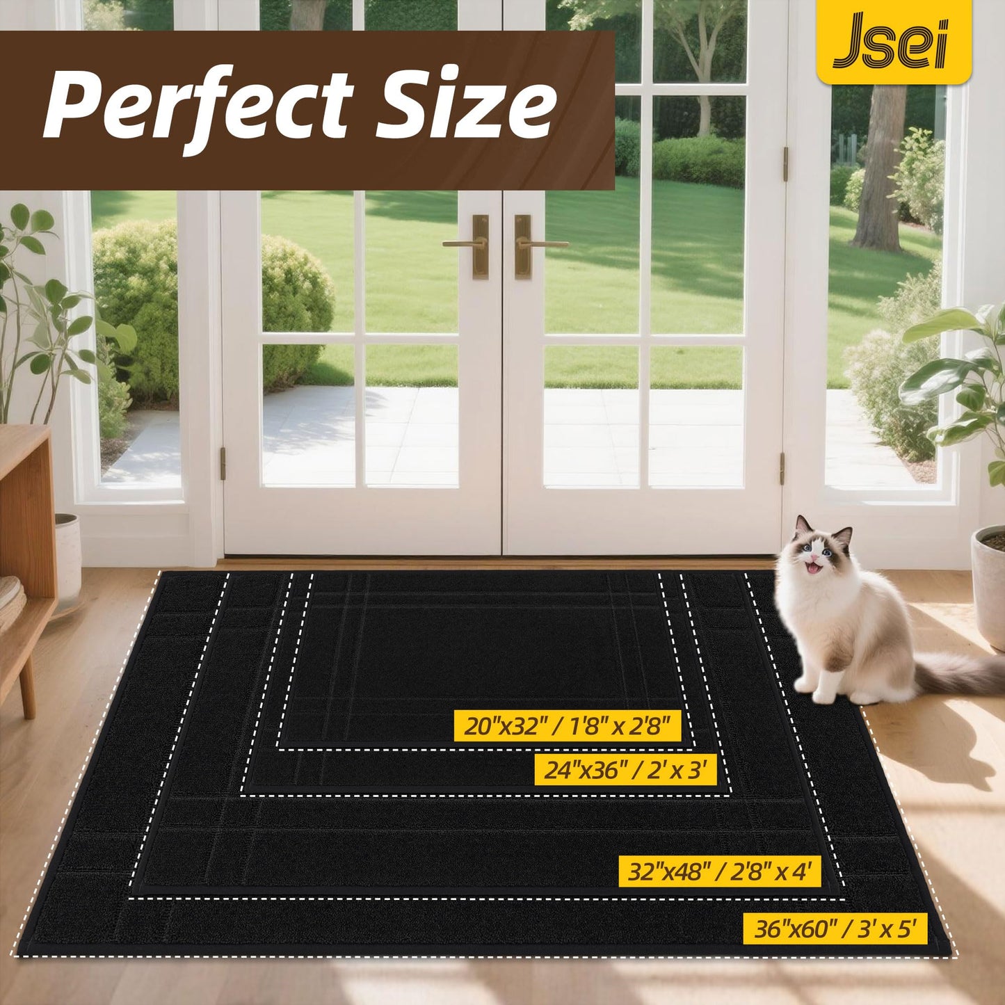 JSEI Entryway Rugs Doormat 36"x60", Non-Slip Dirt Trapper Door Mats Indoor, Washable Absorbent and Stain Resist Welcome Floor Mat for Front Door, Dog Door Mat, Dirty Wet Shoes & Paws, Black