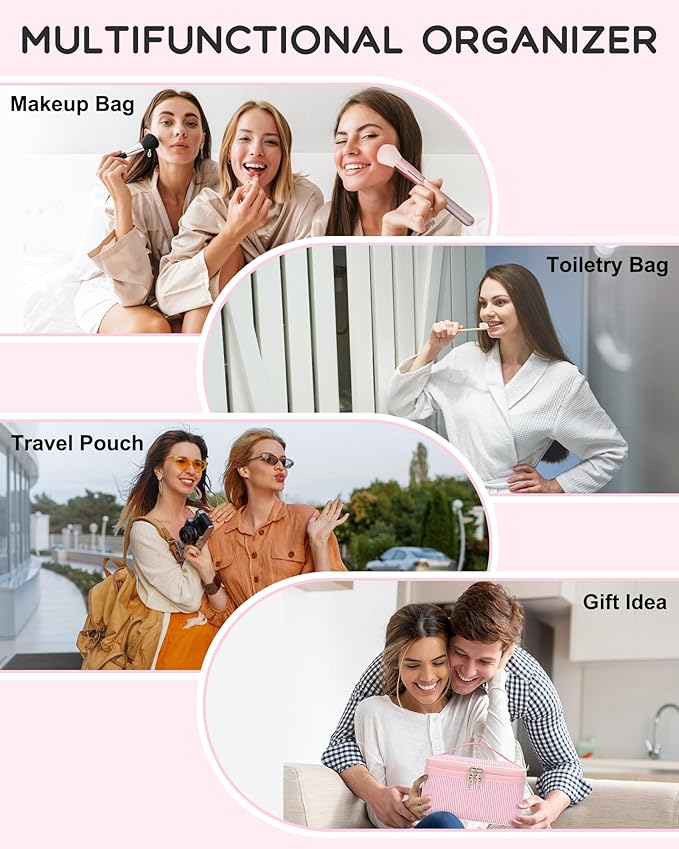 Relavel Large Makeup Bag, Portable Pink Cosmetic Bag for Girls, Dual-layer Makeup Pouch with Brush Holder, Multi-Functional Preppy Toiletry Organizer for Travel, Daily Use - Pink Strip
