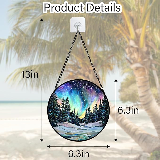 DASTOLL Stained Glass Window Hanging, Aurora Landscape Sun Catchers Glass Panel Green Trees Suncatcher Decor for Birthday for Women, Men, Wife, Aunt, and Mom 6.3 in