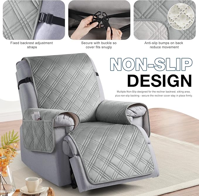 TAOCOCO 100% Waterproof Recliner Chair Cover, Recliner Covers for Recliner Chair with Pocket, Non Slip Reclining Chair Cover Furniture Protector for Kids, Pets(23.6'', Light Grey-Velvet)