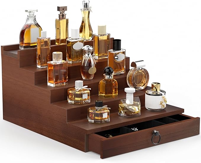 upcessory Cologne Organizer for Men, 5 Tier Black Wood Perfume Organizer with Felt Lining Drawer and Hidden Compartment, Perfume Display Holder, A Gift for Men