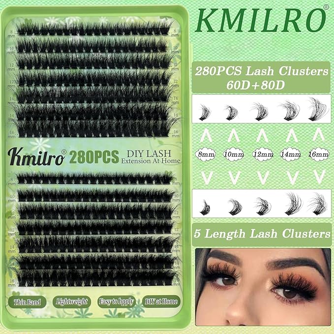 Volume Lash Clusters 8-16mm Thick Cluster Eyelash Extension 60D+80D Eyelash Clusters 280pcs Super Soft Individual Lashes Plant Fibres Wispy False Eyelashes DIY Lash Extension