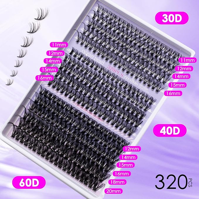 Ocean Pearl Lash Clusters 320PCS 11-20mm Lash Extension Kit 30D+40D+60D Eyelash Extension Kit Individual Lashes Thick Eyelash Clusters Lashes Clusters with Eyelashes Bond+Seal+Adhesive+Tweezer-60D