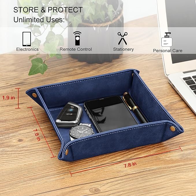 SITHON Valet Tray Desktop Storage Organizer Ã¢ÂÂ Premium PU Leather Catchall Bedside Vanity Tray Nightstand Caddy Holder for Keys, Phone, Wallet, Valentine's Day Gift, Dark Blue