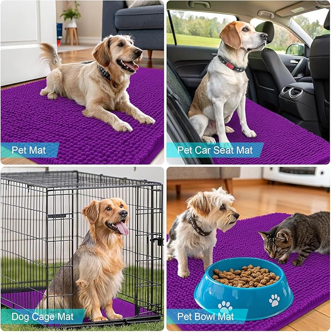OLANLY Dog Door Mat for Muddy Paws 54x24, Absorbs Moisture and Dirt, Absorbent Non-Slip Washable Doormat, Quick Dry Chenille Mud Mat for Dogs, Entry Indoor Entryway Carpet for Inside Floor, Purple