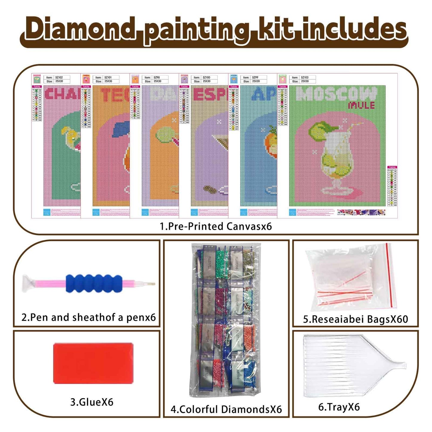 Ycydilirab 6 Pack Diamond Art Kits for Adults,Cocktail 5D Diamond Painting Kits for Adults,Beginner DIY Gem Painting Perfect for Gifts and Home Wall Decor 10x12inch