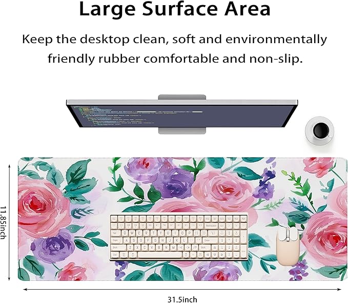 31.5?€?x11.8?€?Large Gaming Mouse Pad for Desk, Mouse Mat with Seamed Edges, Waterproof Desk Pad, Non-Slip Rubber Base, Keyboard Pad Computer Mat, Big XL Mousepad-Rose Watercolor Painting