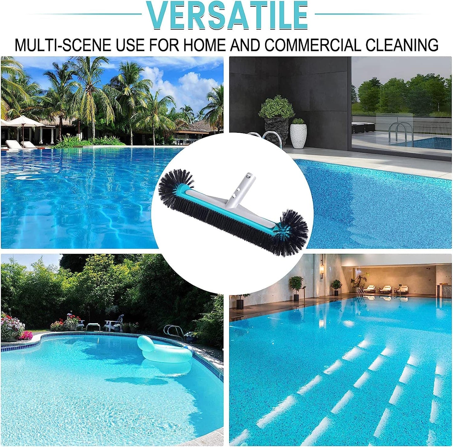 Swimming Pool Brush Head with Round Ends,17.5" Heavy Duty Aluminum Back Head for Cleans Walls, Tiles & Floors, 7 Rows Premium Nylon Bristles with EZ Clips (Blue Black)