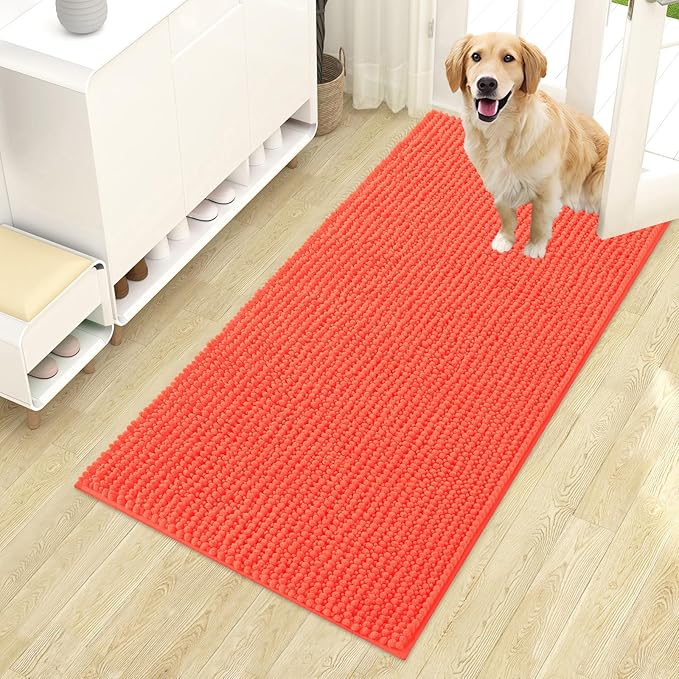 OLANLY Dog Door Mat for Muddy Paws 44x24, Ultra Absorbent Chenille Mud Doormat, Non-Slip Washable and Dirt Trapping Doormat for Indoor Entryway, Quick-Dry Indoor Pet Bed Mats for Dogs, Coral