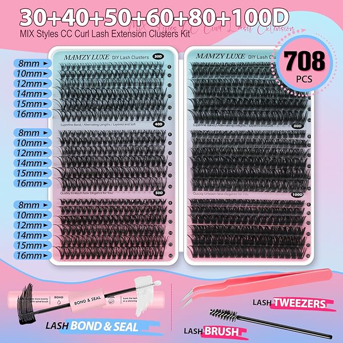 Lash Clusters Kit 708Pcs Individual Cluster Lash Extensions Kit 30D+40D+50D+60D+80D+100D Wispy Eyelash Clusters with Lash Bond and Seal and Tweezers 10-16mm 6 Styles Mix Lashes Clusters Kit