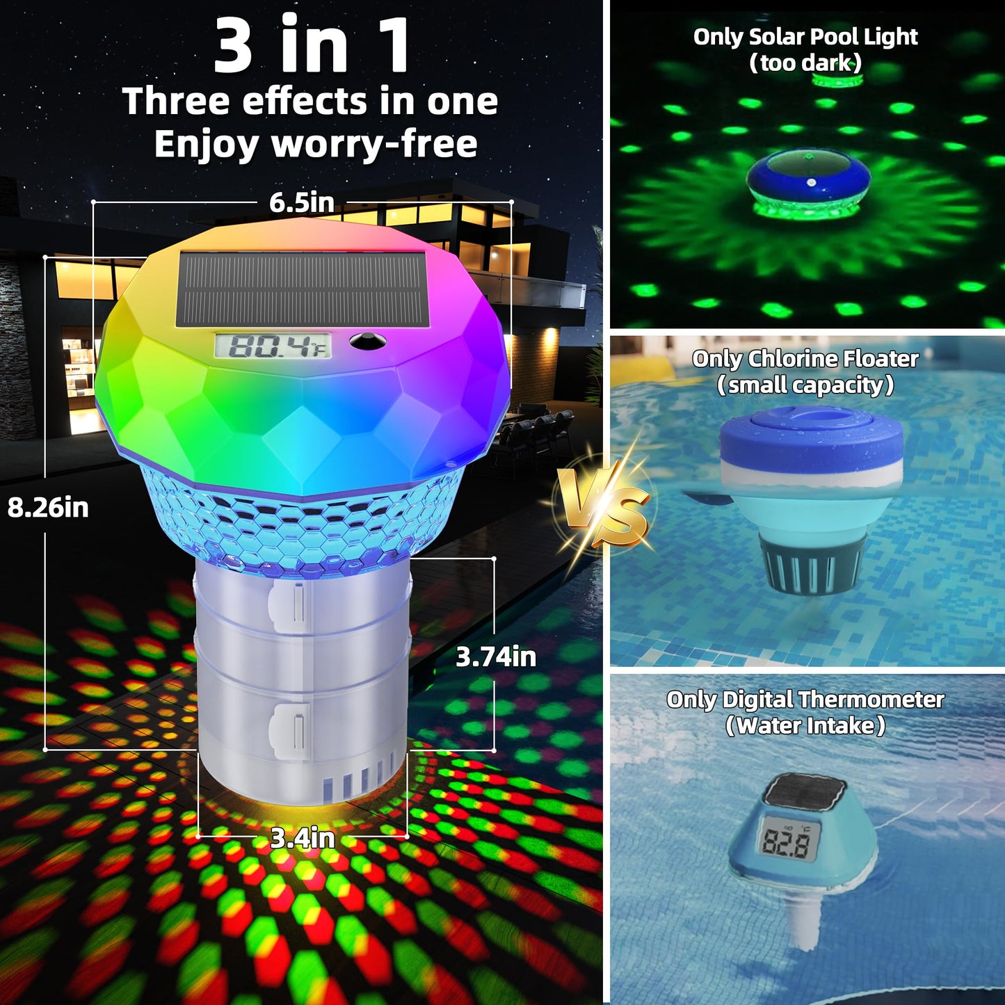 GORDNWE Solar Pool Chlorine Floater with Thermometer: Floating Chlorine Dispenser for Pool Remote-Control Pool Light Waterproof for Outdoor Swimming Above Ground Pool Hot Tub Spa Party