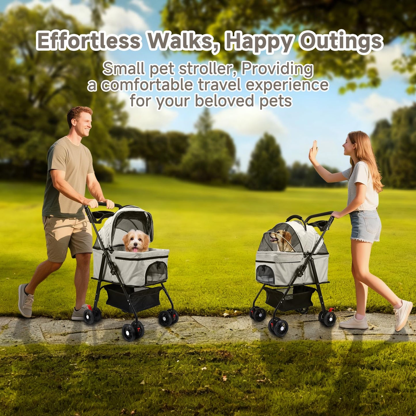 AODI Pet Stroller for Small Dogs and Cats with 4 Wheels, 3 in 1 Foldable Dog Stroller with Detachable Carrier, Breathable Mesh, Storage Basket & Cup Holder, Up to 33 lbs