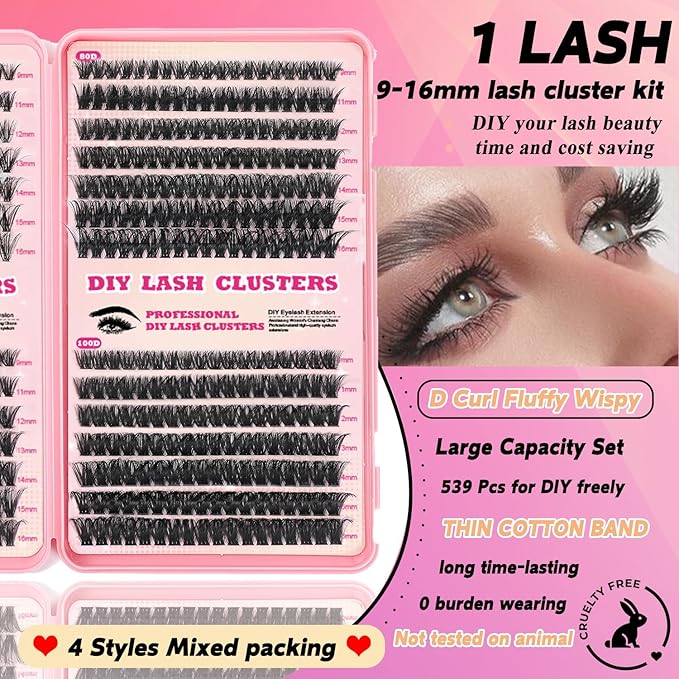 Lash Clusters Kit, 560 Pcs Eyelashes Clusters Kit 9-16mm Individual Lash Extension Kit D Curl Fluffy Wispy False Eyelashes (50D+60D+80D+100D, Lash Clusters)