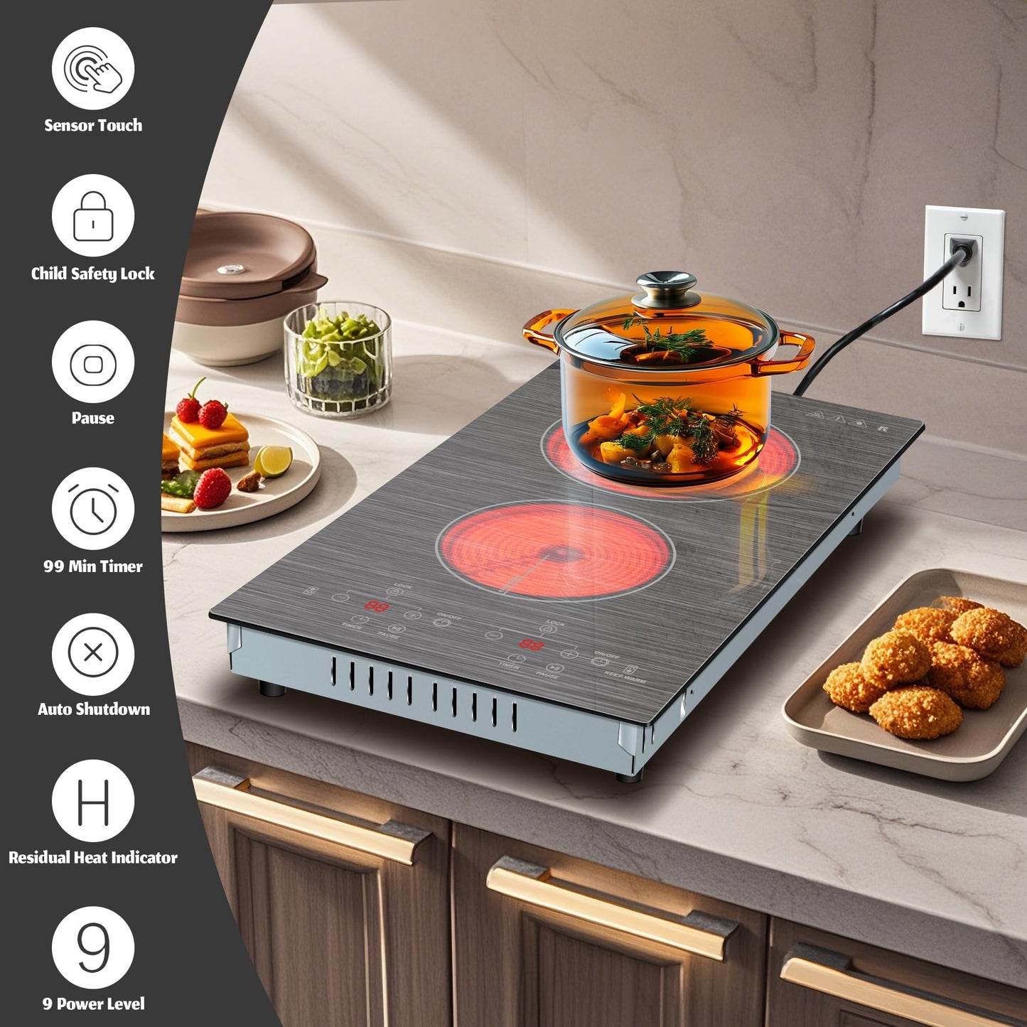 Karinear 2 Burner Electric Cooktop 110V, 12 Inch Countertop & Built-in Electric Stove Top, Plug-in Ceramic Cooktop with Child Safety Lock, Timer, Pause, Smooth Glass Surface with Beautiful Pattern(B)