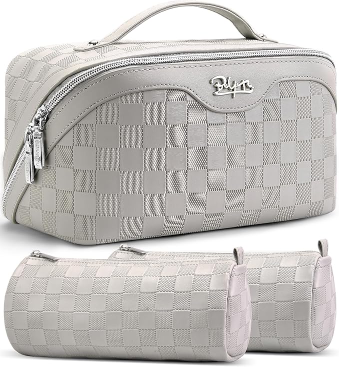 BOYATU Travel Makeup Bag Organizer Cosmetic Bag: 3 Pcs Set Make up Bags for Women with Handle - Waterproof Vegan Leather Toiletry Bags Travel Essentials Pouch with Compartments (03-A-Gray)