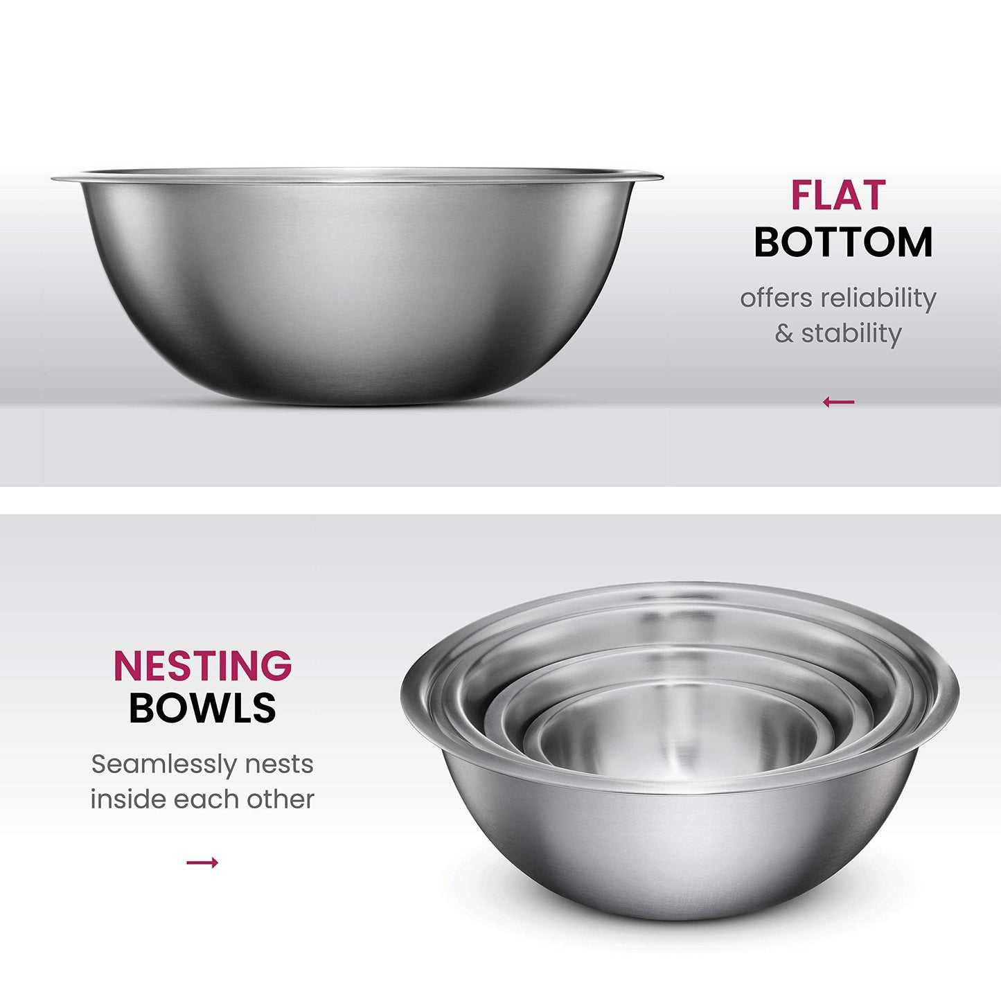FineDine Stainless Steel Mixing Bowls Set, Dishwasher Safe, Up To 8 Quart Metal Mixing Bowls For Kitchen, Nesting, Large, Small, Big Food Prep, Cooking, Baking