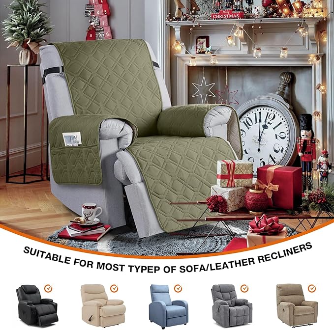 VANSOFY 100% Waterproof Recliner Chair Covers, Recliner Cover Non-Slip Dog Chair Cover Furniture Protector Washable Slipcover with Pocket, Elastic Straps for Pets, Dogs(Olive Green, 23.6")