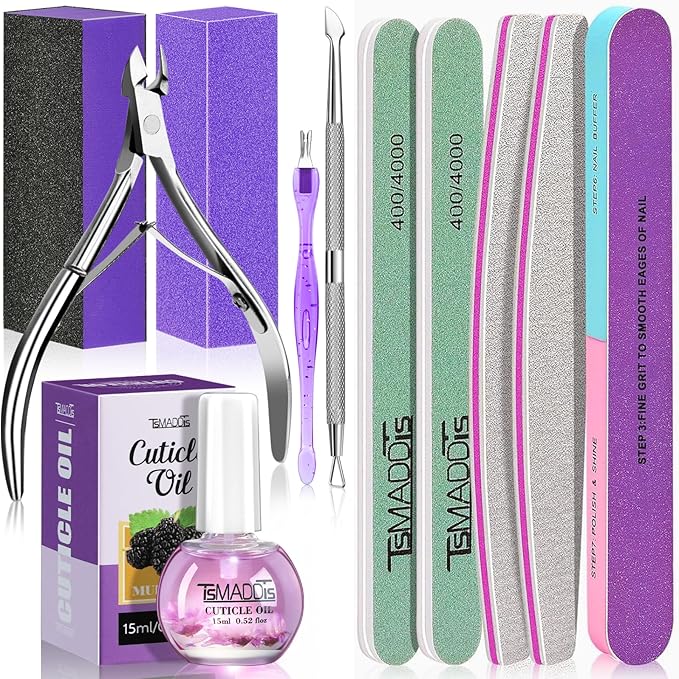 TsMADDTs Manicure Tools Kit with Buffer Blocks, Polishing Buffers, Files, Cuticle Nipper, Pusher and Cuticle Oil for Women Manicure Care