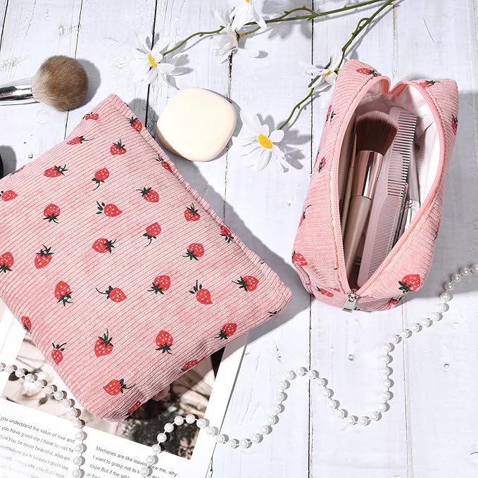 SOIDRAM 2 Pcs Makeup Bag Large Cosmetic Bag Toiletry Bag Makeup Pouch Travel Bag Organizer Cute Makeup Brushes Aesthetic Accessories Storage Bag for Women Pink Strawberry
