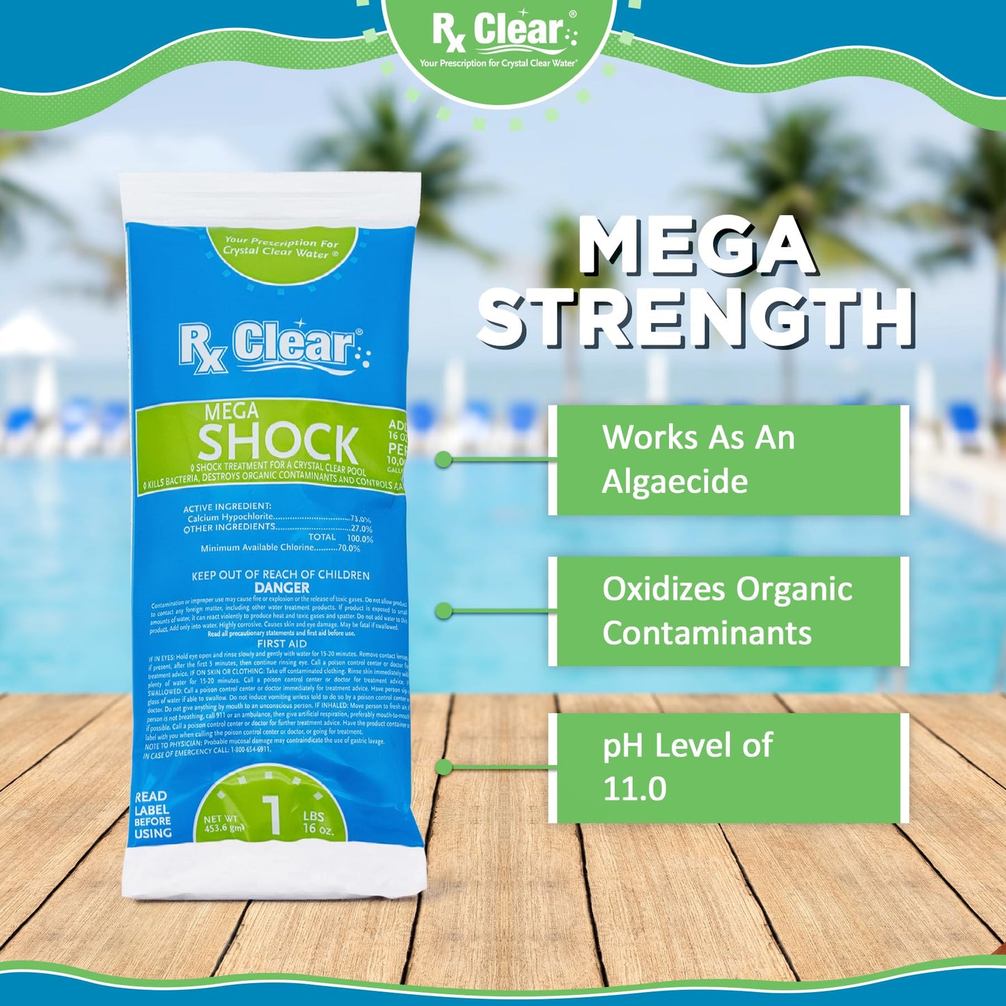 Rx Clear Mega Shock | 73% Calcium Hypochlorite | Kills Algae in Swimming Pools | Works As Pool Sanitizer Clarifier and Algicide | One Pound Bags | 12 Pack