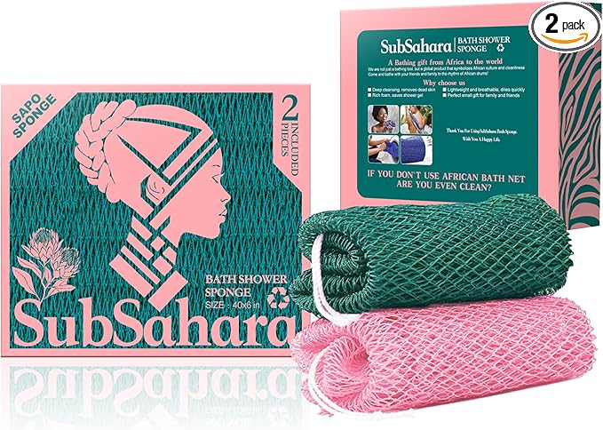 SubSahara Authentic African Net Sponge - 2 Pack Exfoliating Bath & Shower Loofah Sponge for Body & Face, Gentle Scrubber for All Skin Types, Travel, Durable (Ligh Pink & Teal)
