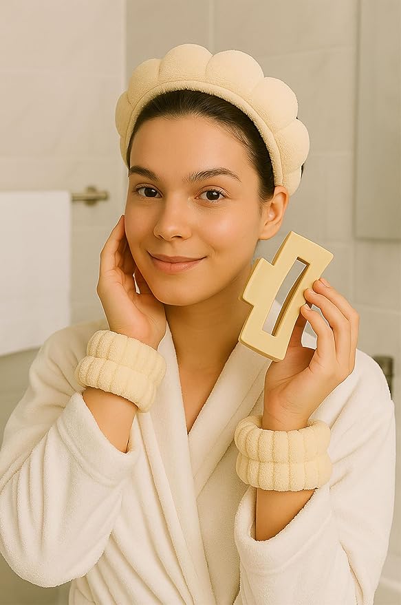 5-Piece Spa Gift Set Ã¢ÂÂ Beige Facial Headband, Hair Clip & Wristbands, One-Size Skincare Accessories for Makeup, Face Washing & Self-Care