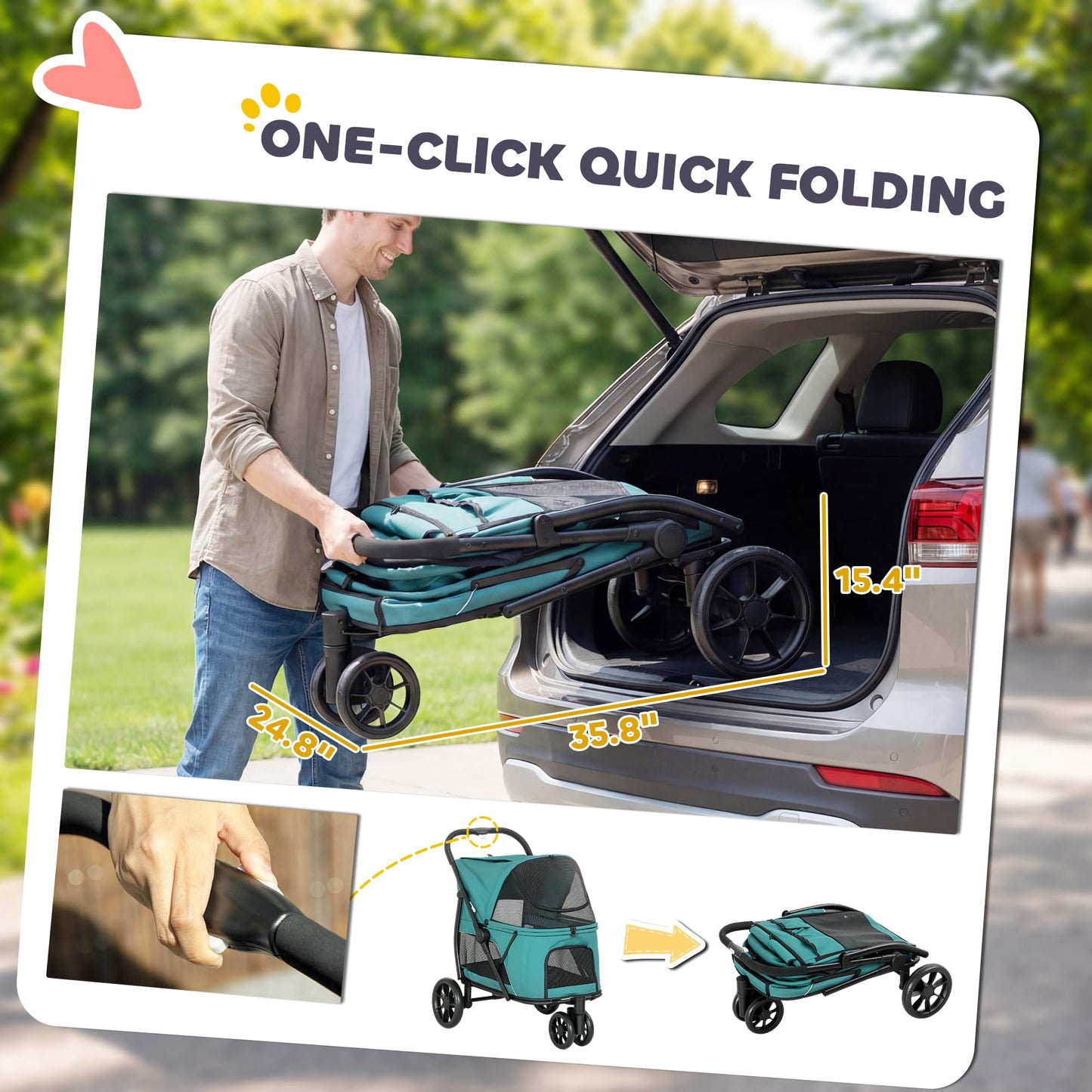 PawHut 3 Wheel Pet Stroller, Dog Stroller Dual Entry, Easy One-Click Quick Fold, All-Terrain Wagon Cart with Air Mesh, Washable Cushion, for Small and Medium Dogs and Cats Up to 44 lbs, Dark Green