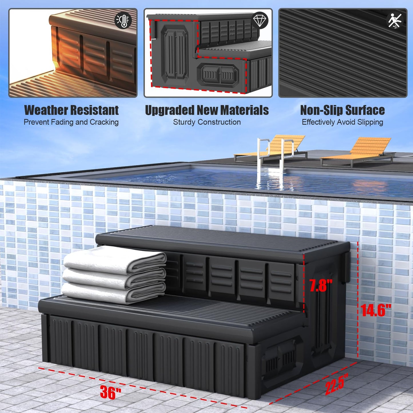 Hot Tub Steps, Outdoor Spa Steps with Storage, Non-Slip & Sturdy Hot Tub Stairs, 36 Inches Long