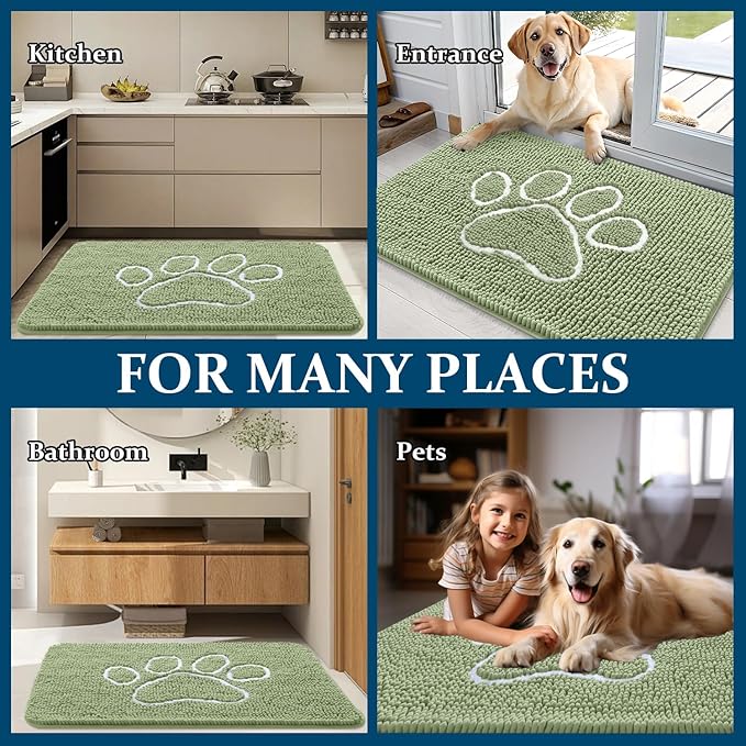 OLANLY Dog Door Mat for Muddy Paws 36x24, Paw Print Design, Absorbs Moisture and Dirt, Non-Slip Washable Doormat, Quick Dry Chenille Mud Mat for Dogs, Entry Indoor Entryway Carpet, Sage Green