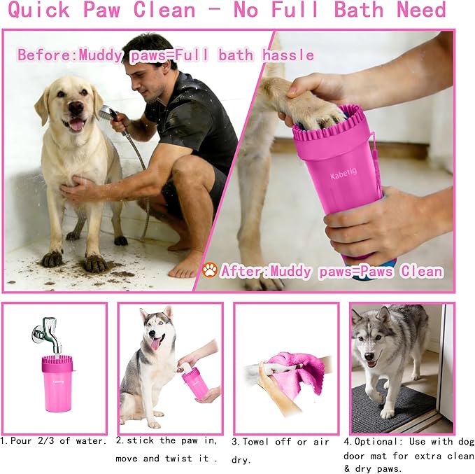 Dog Paw Cleaner Kit for L/XL Dogs - Quick Clean No Full Bath, 2-in-1 Paw Wash Cup with Detachable Silicone Brush Head, Includes Bath Brush & 3 Absorbent Towels, Pink
